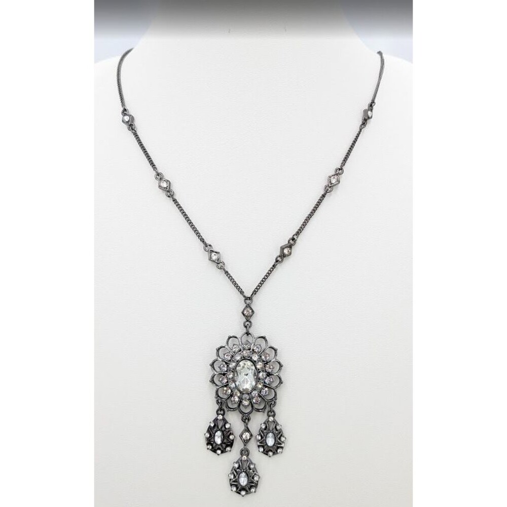 Statement Pendant Necklace Gunmetal Rhinestone Art Deco Style Teardrop 32" 29g